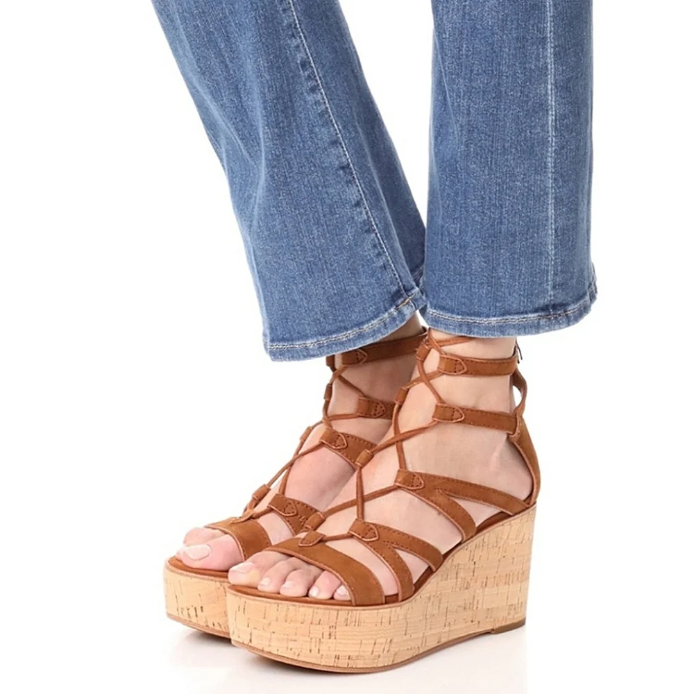 Frye "Heather Gladiator" Platform Wedge Sandal Leather Black | Women's Size 6.5 - Picture 4 of 14